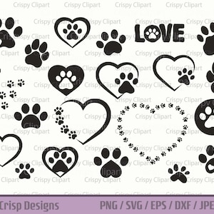 Bundle empreinte de patte SVG Silhouette d'empreinte de patte pour animal de compagnie fichier coupé coeur patte de chat Art vectoriel amour chiens Clipart cadre pour animal de compagnie PNG sublimation gravure laser