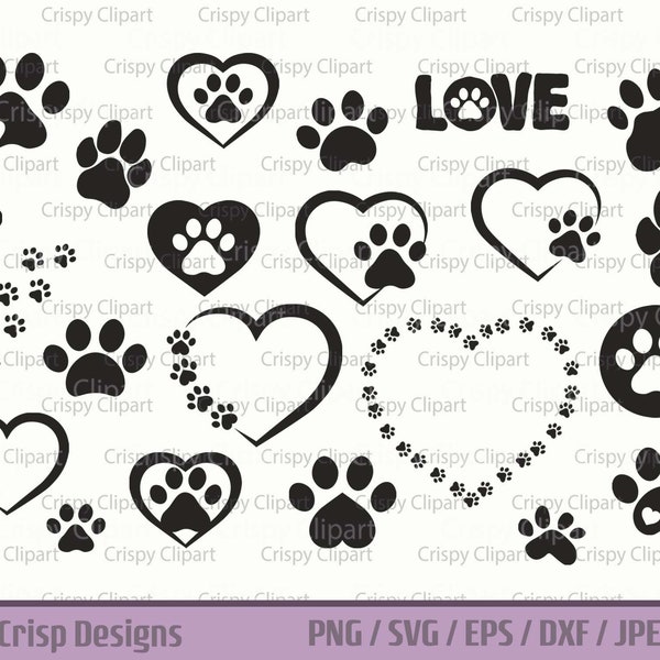 Paw Print SVG Bundle Pet Paw Print Silhouette Cut File Heart Cat Paw Vector Art Love Dogs Clipart Pet Frame PNG Sublimation Laser Engraving