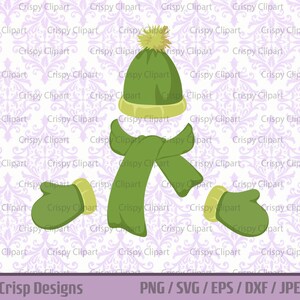 緑のスカーフ帽子とミトンのクリップアート冬のアウトドア服カットファイル寒い天候のファッションSVGベクターミトントークとポンポンのクリップアートPNG