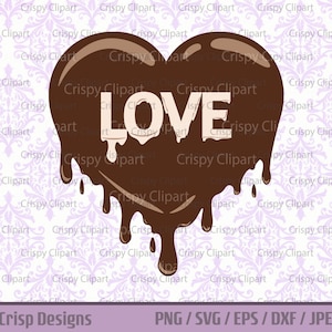 Puede incluir: Un corazón de chocolate marrón con bordes que gotean, la palabra "LOVE" está escrita en blanco dentro del corazón. El fondo es un patrón de damasco blanco y morado.