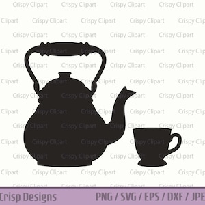 May include: A black silhouette of a teapot with a spout and a handle pouring into a teacup. The teapot and teacup are isolated on a white background.