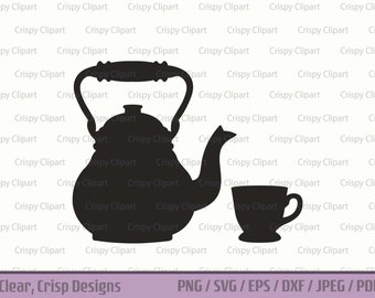 Teapot and Cup SVG, Antique Teapot with Handle and Cup Cut File, Tea Cup Vector Art, Tea Party Clipart, Ceramic Tea Kettle Silhouette PNG
