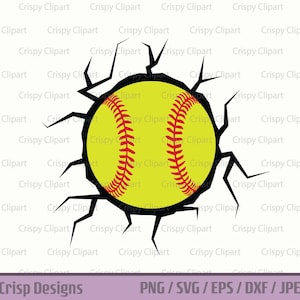 May include: A yellow softball with red stitching breaks through a black cracked surface. The softball is centered in the image.