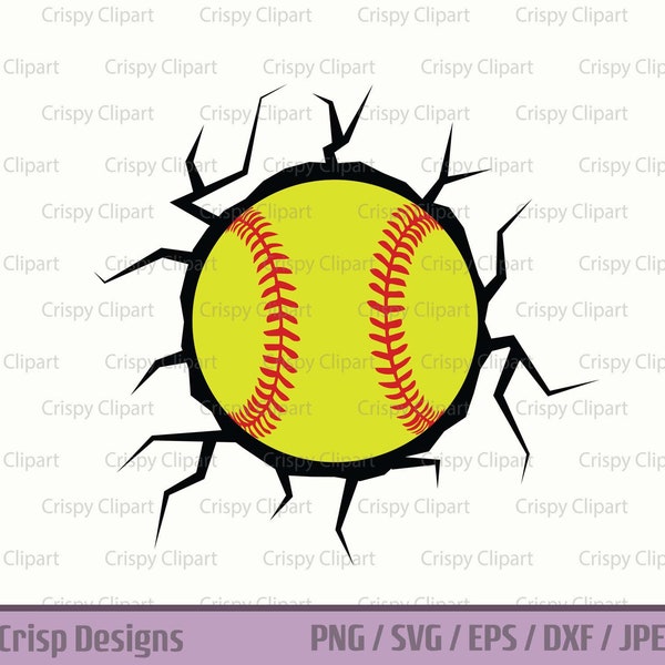 Softball Clipart, Softball In the Wall SVG, Baseball Vector Art, Broken Wall Cut File, Smashed Wall, Cracked Wall, Sports Ball, Game Room