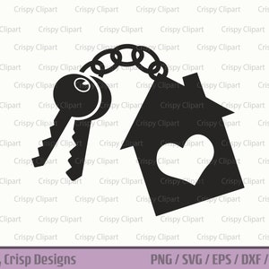 Imágenes prediseñadas de silueta de llave de casa, llaves con arte vectorial de llavero, corazón de casa con llave, nuevo hogar, mudanza, nueva relación, casa vendida, archivo cortado