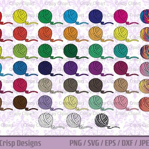 May include: A collection of colorful yarn balls in various colors, including red, yellow, green, blue, purple, and multi-colored. Each ball has a strand of yarn extending from it. The image also includes the text "Clear, Crisp Designs".