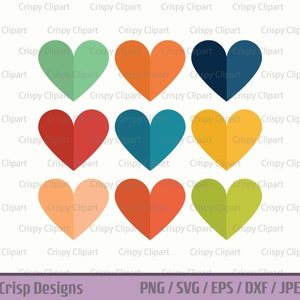 Corações dobrados SVG, clipart de corações em dois tons, arquivo de corte de coração dividido, arte vetorial de coração dobrado em papel, amor PNG, gráficos de corações em cores retrô