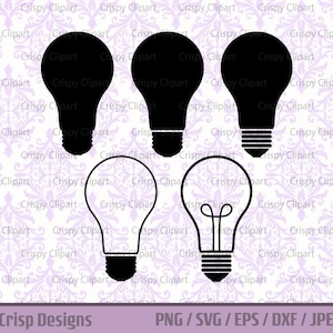 May include: Four black and white light bulb illustrations. The first three are solid black, the fourth has a filament inside. The illustrations are on a white background with a purple floral pattern.