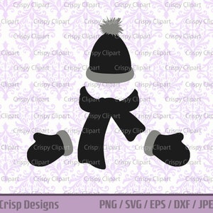 May include: Black and white silhouette of a person wearing a winter hat, scarf, and mittens. The background is a white and purple damask pattern.