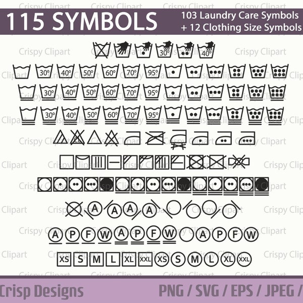 Textile Care Symbols SVG, Laundry Symbols Clipart, Wash Instructions, Ironing, Dry Cleaning Icons, Clothing Care, Clothes Sizing Symbols