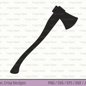 Puede incluir: Silueta negra de un hacha con mango de madera. El hacha está inclinada hacia la derecha. La imagen está sobre un fondo blanco con el texto "Crispy Clipart" repetido en una cuadrícula.