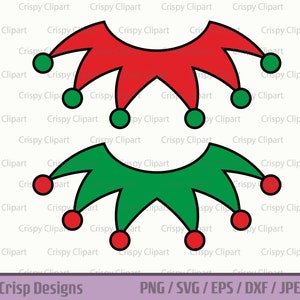 Puede incluir: Dos sombreros de bufón, uno rojo y otro verde, con contornos negros y fondos blancos. Cada sombrero tiene tres puntas y tres bolas redondas de colores en los extremos de las puntas.