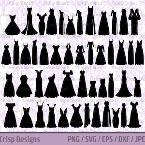 ドレス シルエット クリップアート SVG、フォーマルウェア ベクター アート、ファッション カット ファイル、女性服 PNG、イブニング ガウン フォーマルウェア、黒のドレス クリップアート