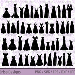 Kleid Silhouette Clipart SVG, Formelle Kleidung Vektor-Kunst, Mode Schnitt-Datei, Damenbekleidung PNG, Abendkleid Formelle Kleidung, Schwarzes Kleid Clipart Bild 1