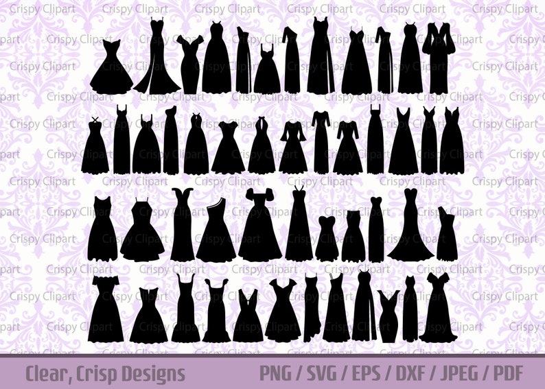 Kleid Silhouette Clipart SVG, Formelle Kleidung Vektor-Kunst, Mode Schnitt-Datei, Damenbekleidung PNG, Abendkleid Formelle Kleidung, Schwarzes Kleid Clipart Bild 1