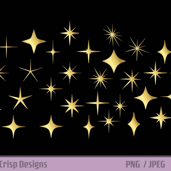 Gold Sparkle Clipart Bundle, Starburst PNG, Twinkle Stars, Atomic Star, Golden Retro Star, Retro Mid Century Starburst Clipart, Celestial