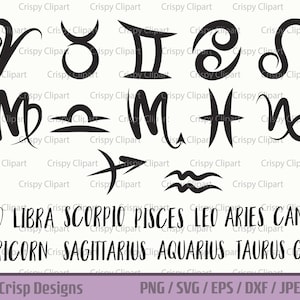 Zodiac Signs SVG Astrology Vector Art Astrological Birth Month Symbols and Names, Celestial Cut File, Astrological Symbols Clipart PNG