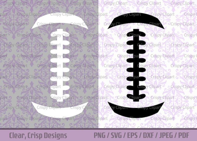 Peut inclure: Une silhouette noire et blanche d'un ballon de football am&eacute;ricain. Le ballon est sur un fond &agrave; motifs violets et blancs. Le texte "Clear, Crisp Designs" et "PNG/SVG/EPS/DXF/JPEG/PDF" est en bas de l'image.