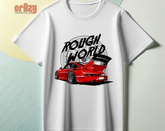 May include: White t-shirt with a red car illustration and the text "ROUGH WORLD" in black.