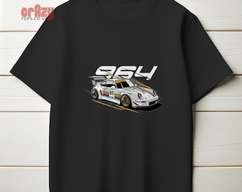 May include: Black t-shirt featuring a white and grey illustration of a 964 Porsche race car with the number 89 on the side. The car is set against a black and gold background with the number 964 above it.