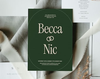 May include: A green wedding invitation with a white circle in the center. The circle contains the text "You are invited to celebrate the love and unity of Becca Nic" and two gold rings. The date and location of the wedding are listed below the circle.