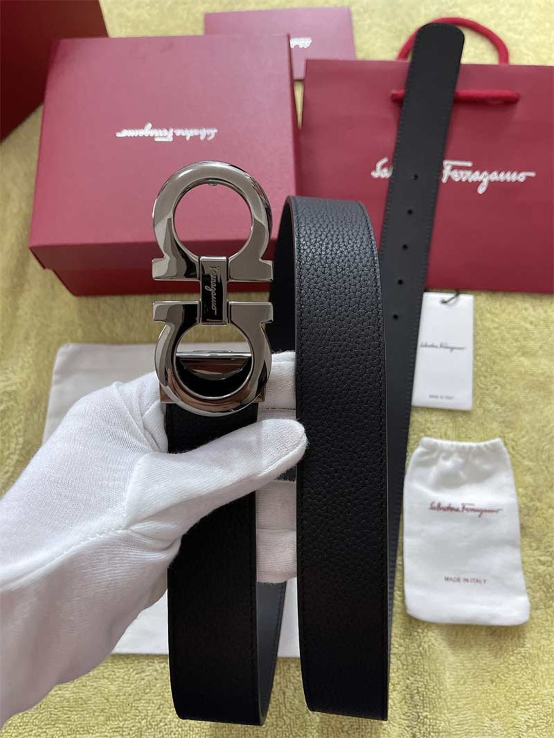 Ferragamo Men's Lychee Pattern Black Plain Belt - Etsy