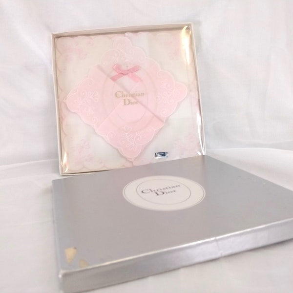 Vintage Christian Dior Handkerchiefs In Box Cotton Embroidered Pink and White