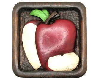 1971 Wood Apple Wall Plaque Vintage Hand Carved 70's Decor Wall Hanging Hand Painted and Signed in Walnut