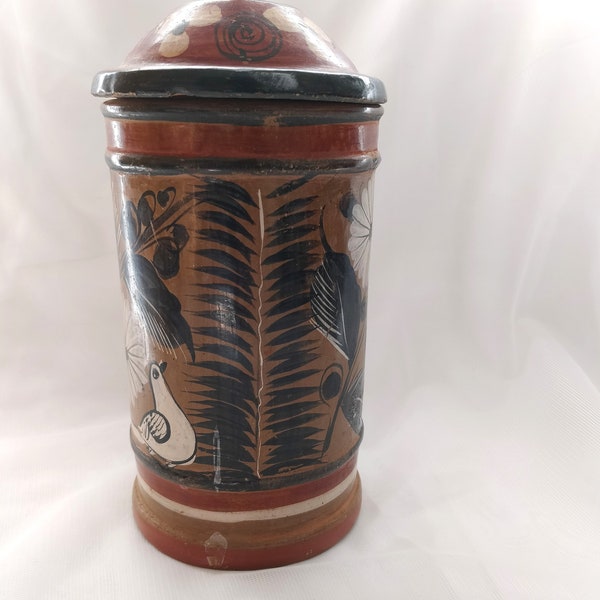 Vintage Mexican Hand Made Pottery Cannister Jar with Lid Floral Bird Pattern Signed Bruñido Tonalá in Earth Tones Storage Decor Collectible