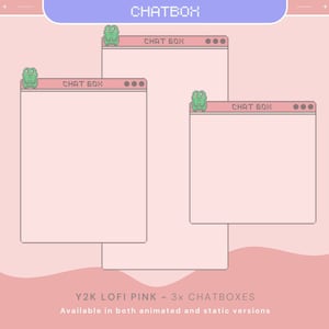 Op de afbeelding: Drie roze chatboxen met een kikker op elk. De chatboxen hebben een witte achtergrond en een grijze rand. De tekst "CHAT BOX" wordt bovenaan elke chatbox weergegeven. De tekst "Y2K LOFI PINK - 3x CHATBOXES" wordt onder de chatboxen weergegeven. De tekst "Beschikbaar in zowel geanimeerde als statische versies" wordt onder de tekst "Y2K LOFI PINK - 3x CHATBOXES" weergegeven.