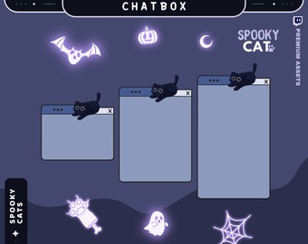 May include: A set of digital chatbox overlays featuring a black cat, a bat, a ghost, a spider web, a pumpkin, a crescent moon, and a paw print. The overlays are designed for a spooky Halloween theme.