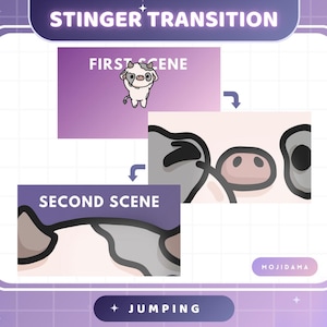 May include: A graphic illustrating a "STINGER TRANSITION" with the word "JUMPING". It features a cartoon cow in a "FIRST SCENE" and a close-up of a cow's face in a "SECOND SCENE". The design uses a purple and white colour scheme.