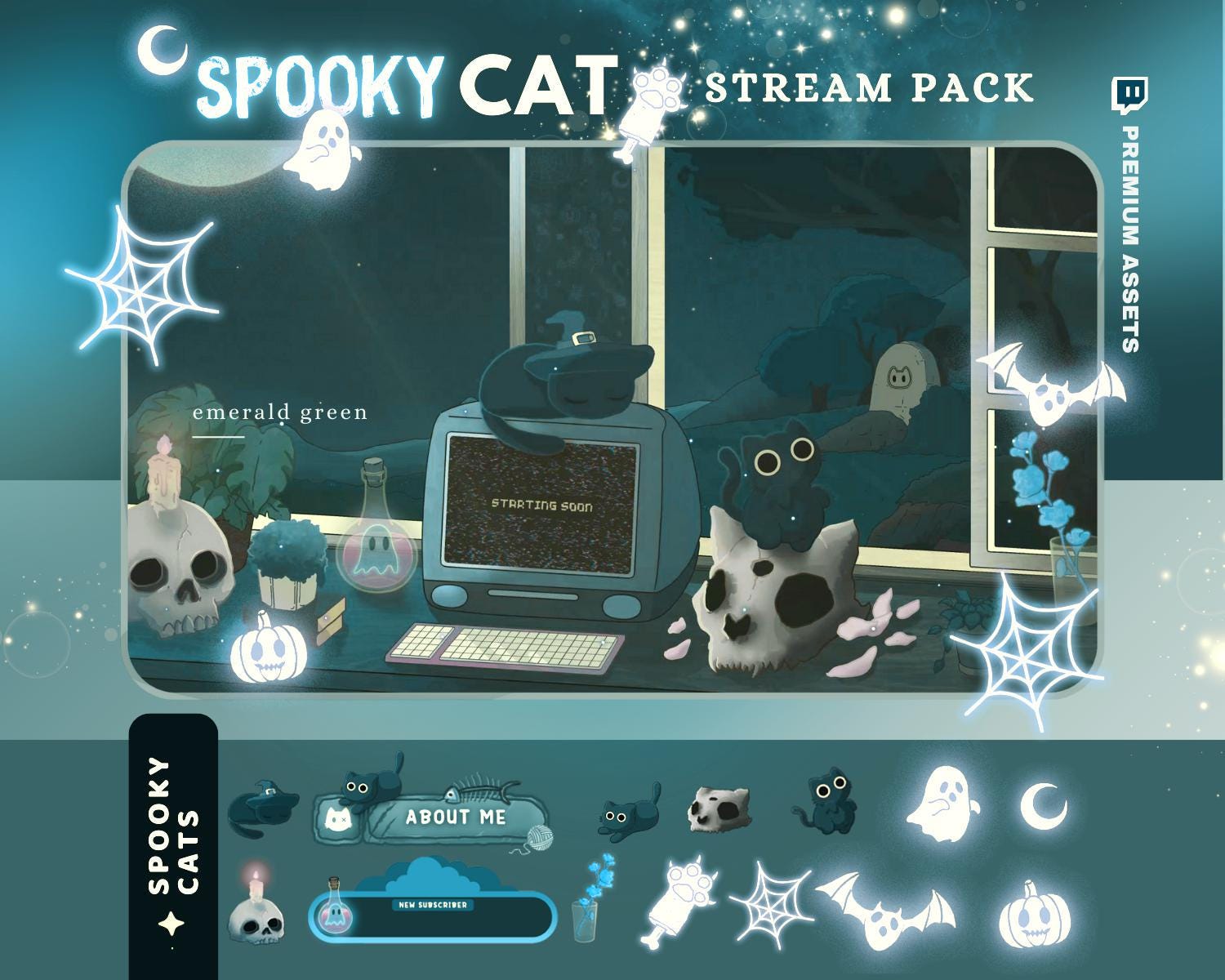 Green Stream Overlays Twitch Vtuber Animation Teal Cat Cute Spooky Animated Moon Full Streaming Package Aesthetic Lofi Cozy Obs Streamlabs