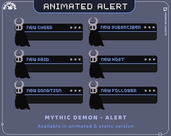 Może przedstawiać: Animowane alerty Twitch z czarno-białą postacią pikselową z rogami i peleryną. Alerty są dla nowego cheer, nowego subskrybenta, nowego rajdu, nowego hosta, nowej darowizny i nowego obserwującego. Tekst "MYTHIC DEMON - ALERT" jest wyświetlany pod alertami. Tekst "Dostępne w wersji animowanej i statycznej" jest wyświetlany pod tekstem "MYTHIC DEMON - ALERT".