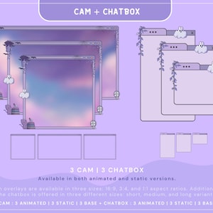 Puede incluir: Tres superposiciones de c&aacute;mara web animadas y tres est&aacute;ticas con un fondo degradado morado y rosa. Las superposiciones presentan una nube con un fantasma, una estanter&iacute;a con libros y un ventilador. Tres superposiciones de cuadro de chat animadas y tres est&aacute;ticas con un fondo morado y una vid con flores blancas. Las superposiciones de cuadro de chat presentan un fantasma con una nube blanca.