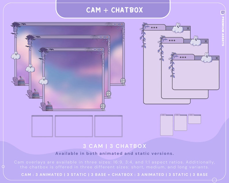 Puede incluir: Tres superposiciones de c&aacute;mara web animadas y tres est&aacute;ticas con un fondo degradado morado y rosa. Las superposiciones presentan una nube con un fantasma, una estanter&iacute;a con libros y un ventilador. Tres superposiciones de cuadro de chat animadas y tres est&aacute;ticas con un fondo morado y una vid con flores blancas. Las superposiciones de cuadro de chat presentan un fantasma con una nube blanca.