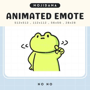 May include: Animated green frog emoji with a thought bubble above its head. The frog is saying "no no" with its mouth closed and its index finger pointing up. The emoji is on a white background with a grid pattern.