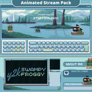 Pacote de transmissão completa Animação Sapo Verde Twitch Sobreposição animada Lofi Estética Cozy Cat Bunny Cute Blue Vtuber Bundle Obs Streamlabs Live