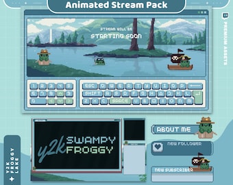 Full Stream Package Animation Frog Green Twitch Animated Overlay Lofi Aesthetic Cozy Cat Bunny Cute Blue Vtuber Bundle Obs Streamlabs Live