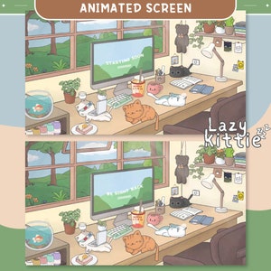 May include: Animated screen featuring a cartoon scene of a desk with a computer, a cat, and a fish tank. The text "Starting Soon" and "Be Right Back" are displayed on the computer screen. The text "Lazy Kittie" is displayed on the screen.