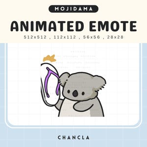 Puede incluir: Un emote animado con un koala sosteniendo una chancla blanca y morada. El texto "MOJIDAMA" y "ANIMATED EMOTE" están presentes. La palabra "CHANCLA" se encuentra en la parte inferior de la imagen.