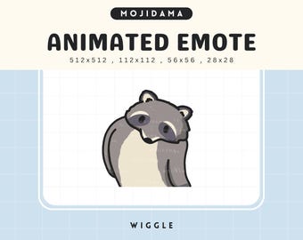 May include: Animated emote of a grey raccoon with black eyes and a white nose, looking to the side and slightly down, with a white and grey body, against a white grid background with the word "WIGGLE" in black text below the image.