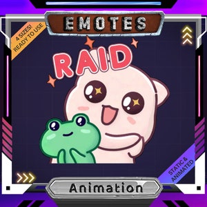 May include: Animated emote pack featuring a pink cartoon character with a frog holding the word "RAID" in red letters with stars. The text "EMOTES" is in brown letters on a metal background. The text "Animation" is in silver letters on a metal background. The text "4 SIZES! READY TO USE" is in yellow letters on an orange background. The text "STATIC & ANIMATED" is in white letters on a black background.