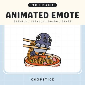 Könnte beinhalten: Animierter Emote mit einem Cartoon-Taube, die Ramen mit Essstäbchen isst. Die Taube ist grau und blau, und die Ramen-Schüssel ist rot und weiß. Der Text oben lautet "MOJIDAMA" und "ANIMATED EMOTE". Das Wort "CHOPSTICK" steht unten.