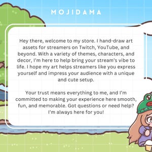 May include: A banner for a digital art shop, featuring the text "MOJIDAMA". The image shows a cartoon landscape with a tree, water, and a character in a frog hat. The text welcomes customers and describes the art assets available.