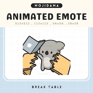May include: Animated emoji of a grey koala bear wearing a blue hat and holding a laptop with a red apple logo. The koala is sitting on a yellow table with the text "Break Table" below.