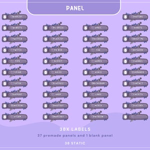 Puede incluir: Un conjunto de 38 etiquetas de panel de Twitch moradas y blancas con un dise&ntilde;o de espada y flores. Las etiquetas incluyen texto como "Wishlist", "Website", "Twitter", "Twitch", "Tips", "Tip Jar", "TikTok", "Support", "Subscribe", "Steam", "PC Specs", "Playlist", "Facebook", "FAQ", "Reddit", "Games", "Goals", "Schedule", "Shop", "Shoutout", "Snapchat", "Links", "Merch", "Patreon", "YouTube", "Donate", "About Me", "Artwork", "Channel", "Commands", "Instagram", "Contact", "Credits", "Discord", y "Panel".