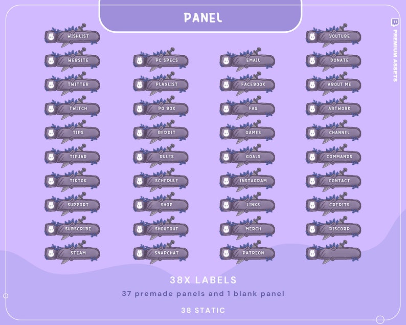 Puede incluir: Un conjunto de 38 etiquetas de panel de Twitch moradas y blancas con un dise&ntilde;o de espada y flores. Las etiquetas incluyen texto como "Wishlist", "Website", "Twitter", "Twitch", "Tips", "Tip Jar", "TikTok", "Support", "Subscribe", "Steam", "PC Specs", "Playlist", "Facebook", "FAQ", "Reddit", "Games", "Goals", "Schedule", "Shop", "Shoutout", "Snapchat", "Links", "Merch", "Patreon", "YouTube", "Donate", "About Me", "Artwork", "Channel", "Commands", "Instagram", "Contact", "Credits", "Discord", y "Panel".