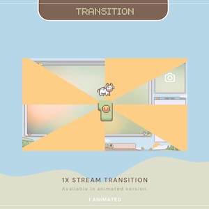 May include: A pixel art animation transition effect with a yellow, blue, and green color scheme. The transition features a cow, a duck, and a camera. The text "1x Stream Transition" is displayed below the animation. The text "Available in animated version." is displayed below the text "1x Stream Transition". The text "1 ANIMATED" is displayed below the text "Available in animated version."