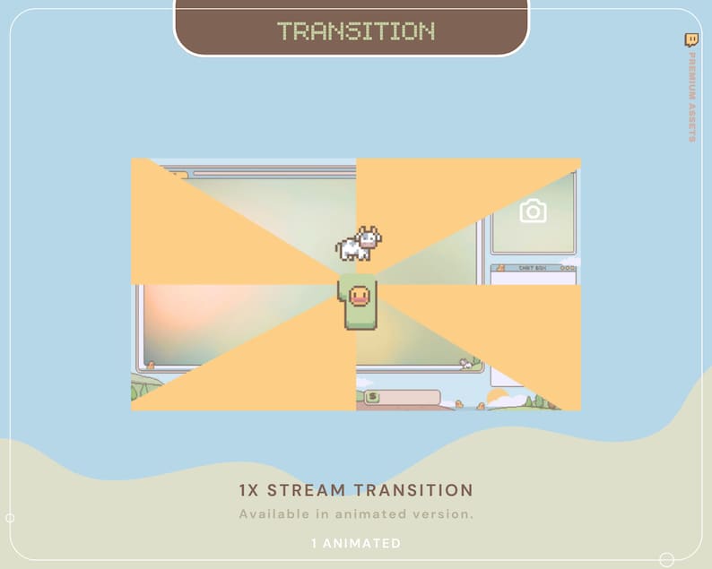 May include: A pixel art animation transition effect with a yellow, blue, and green color scheme. The transition features a cow, a duck, and a camera. The text "1x Stream Transition" is displayed below the animation. The text "Available in animated version." is displayed below the text "1x Stream Transition". The text "1 ANIMATED" is displayed below the text "Available in animated version."
